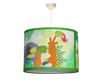 Children's lampshade, jungle theme, green tones.