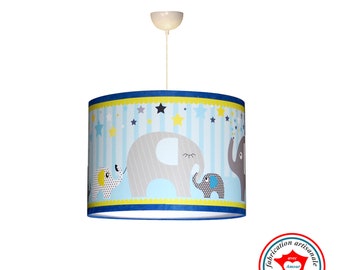 Abat-jour garçon, suspension enfant, thème éléphants, couleur bleu et jaune