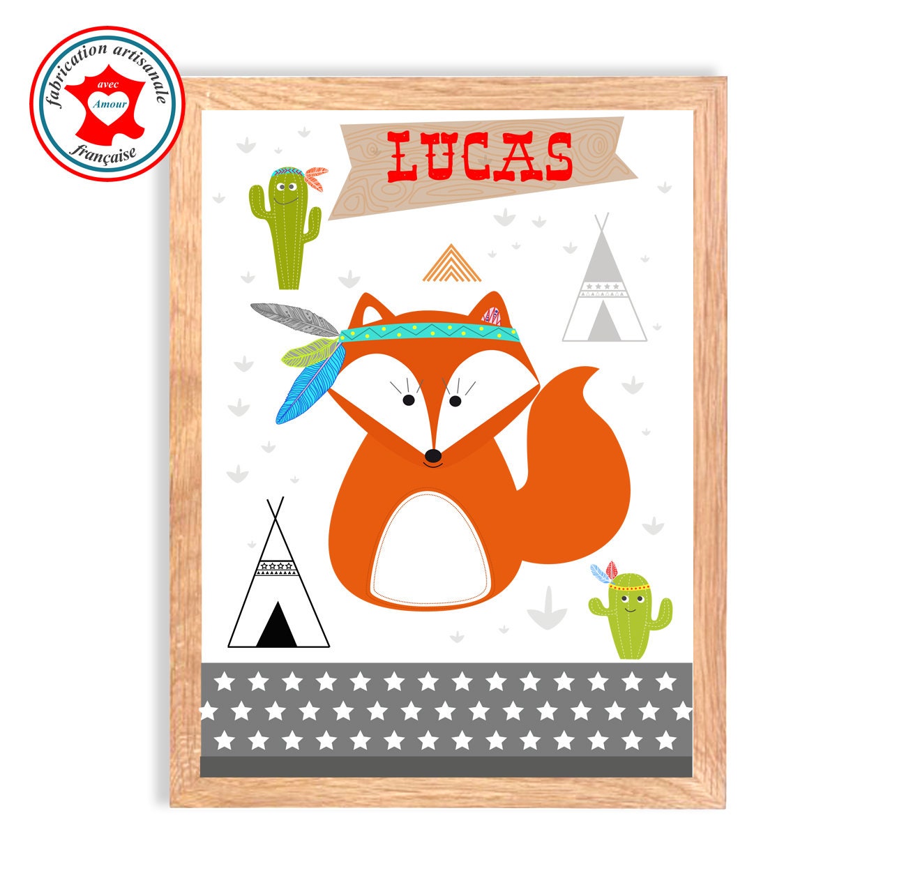 Affiche Murale, Tableau Enfant, Thème Renard et Indien, Tipi, Cactus, Couleur Gris