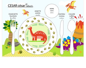 Educational placemat, children's table set, dinosaur theme, green and blue tones