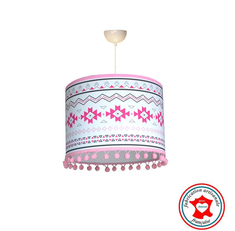 Abat-Jour Fille, Suspension Enfant, Thème Mexicain, Couleur Rose, Gris et Blanc