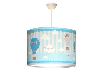 Boy lampshade, children's suspension, hot air balloon theme, blue color.