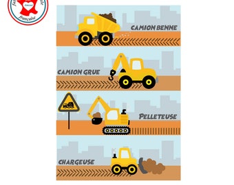 Tableau garçon, thème camions,  affiche chambre garçon, poster garçon, tableau mural chambre garçon, camion de chantier