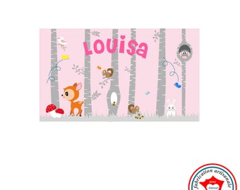 Plaque de porte enfant prénom,  thème forêt de bouleau, tons rose et gris