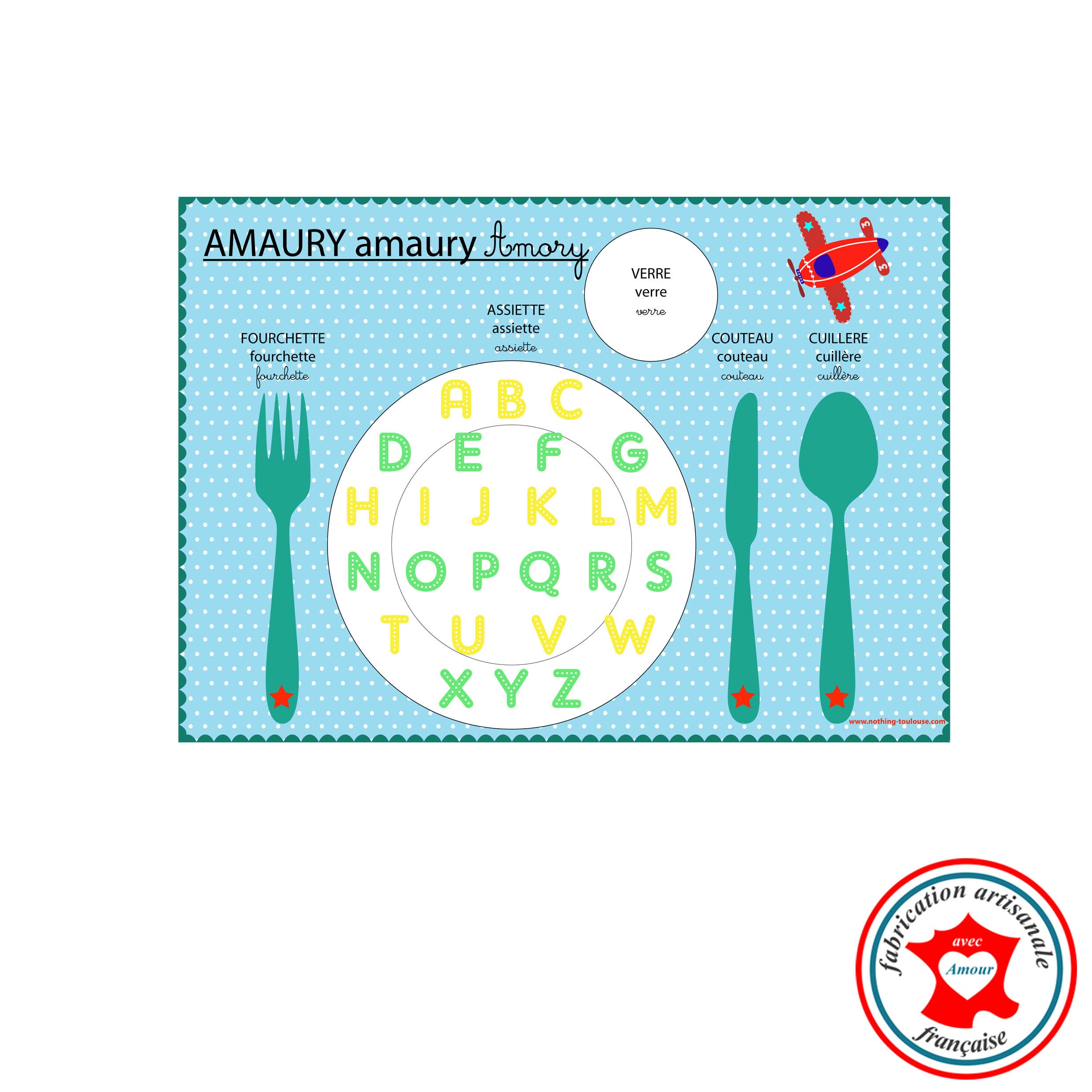 Set de Table Alphabet, Set Enfant Pédagogique, Tons Bleu et Jaune