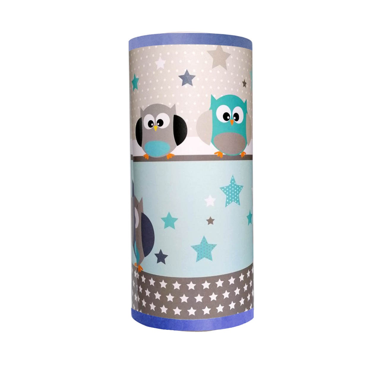 Lampe de Chevet Garçon, Motif Hiboux, Tons Bleu et Gris.