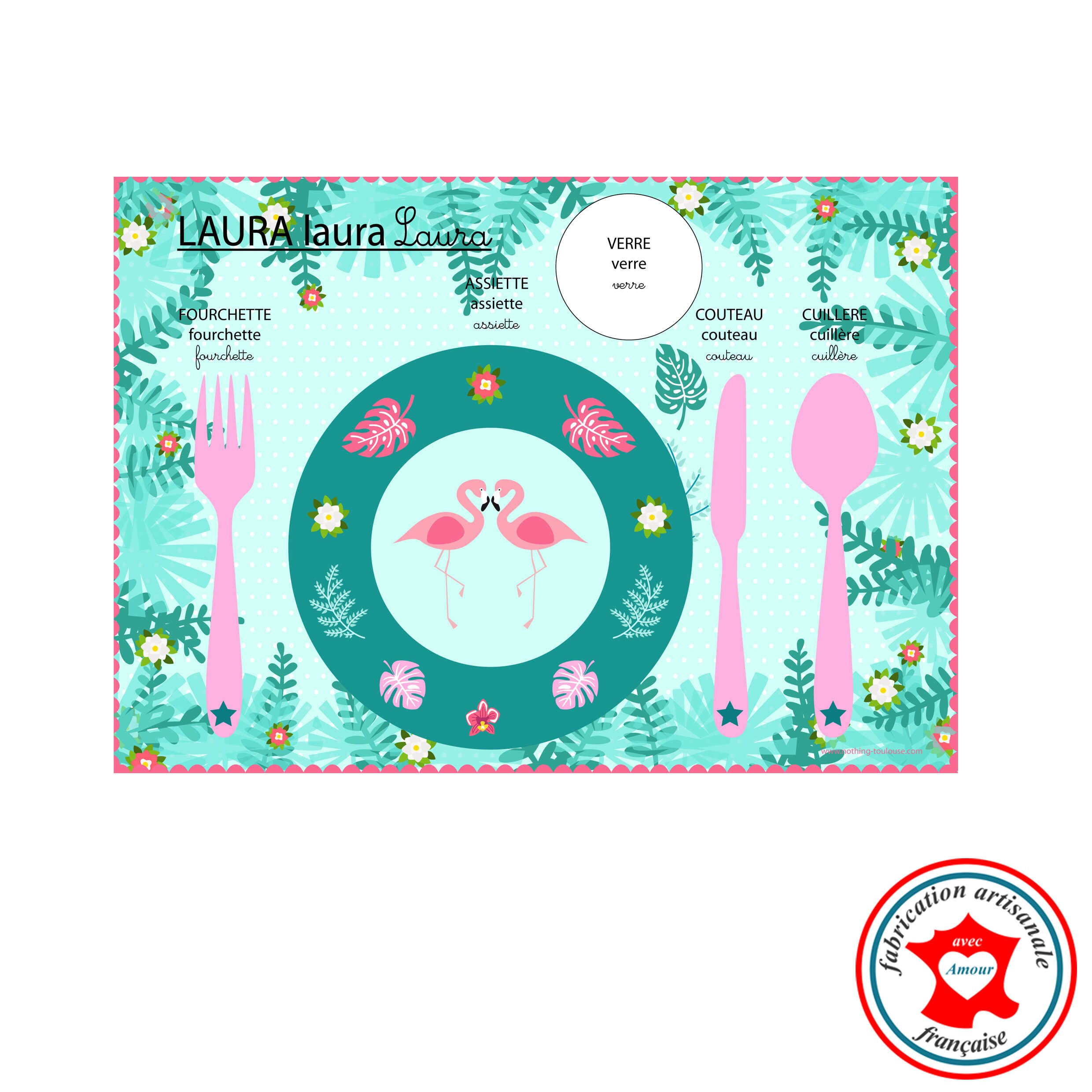 Set de Table Pédagogique, Set Enfant, Thème Flamant Rose, Tons Bleu, Rose.