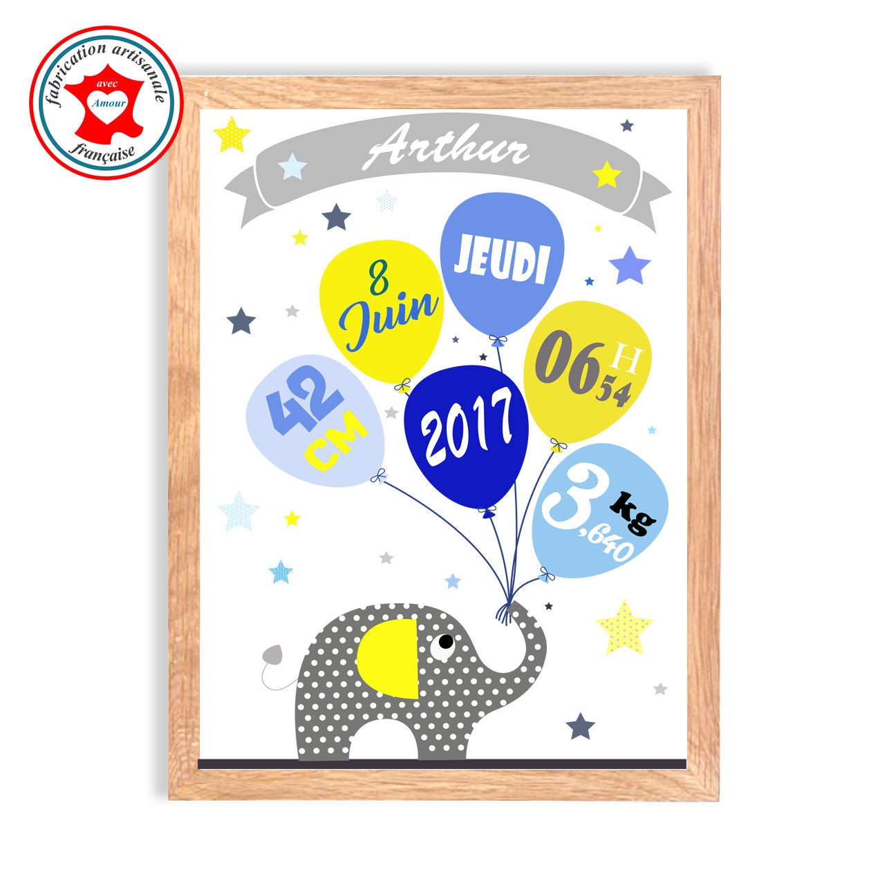 Tableau Naissance Garçon, Thème Éléphant, Tableau à Personnaliser, Cadeau de Naissance, Décoration C