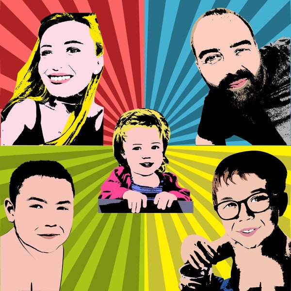 Family portrait painting, pop art painting, Andy Warhol style portrait