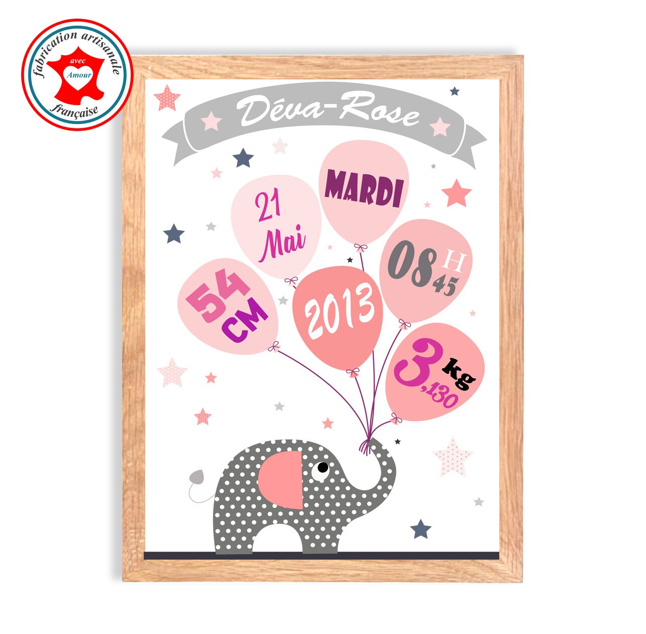 Tableau Naissance Fille, Thème Éléphant, Tableau à Personnaliser, Cadeau de Naissance, Décoration Ch