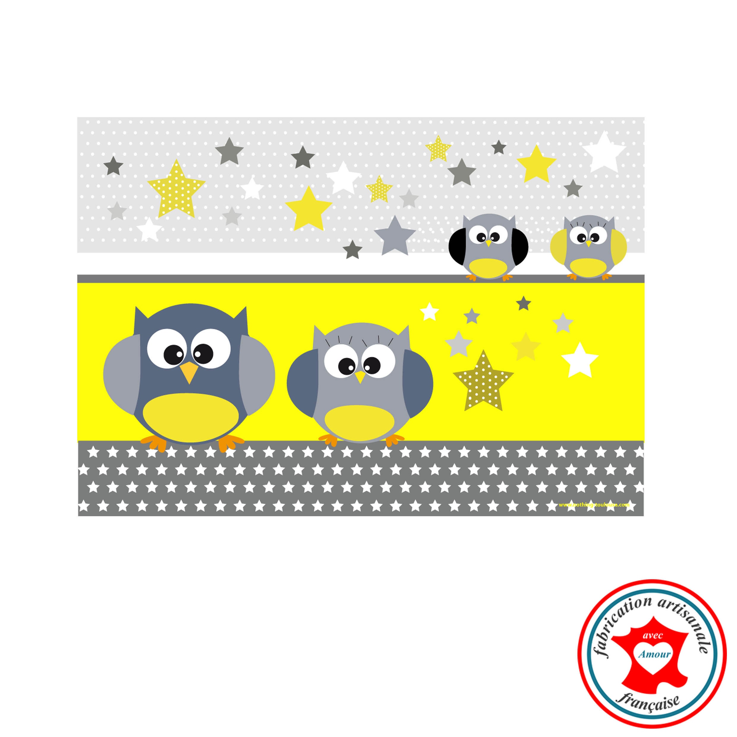 Set de Table Enfant, Thème La Famille Hiboux, Tons Jaune et Gris