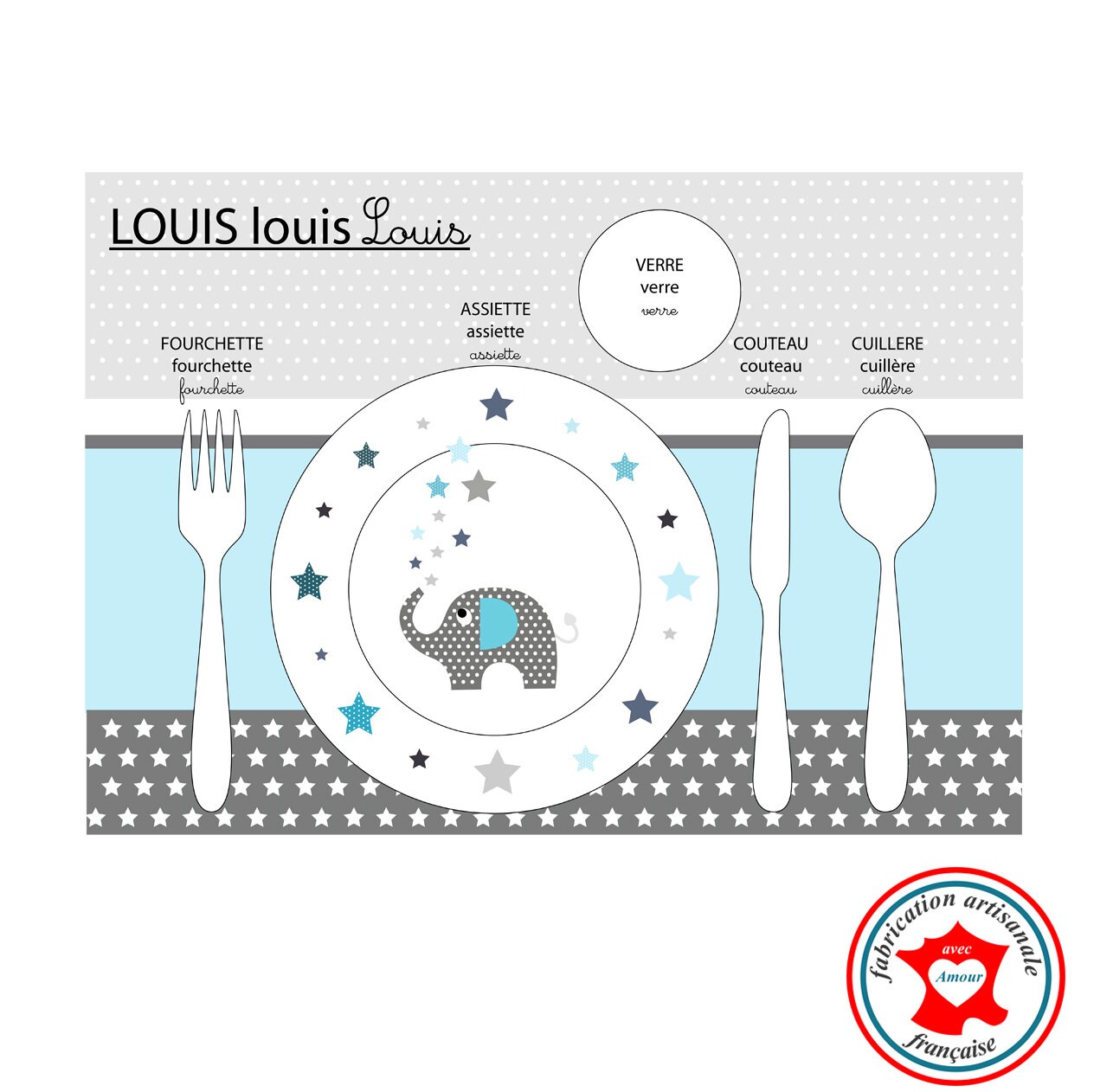 Set de Table Pédagogique, Set Enfant, Thème Éléphant, Tons Bleu et Gris