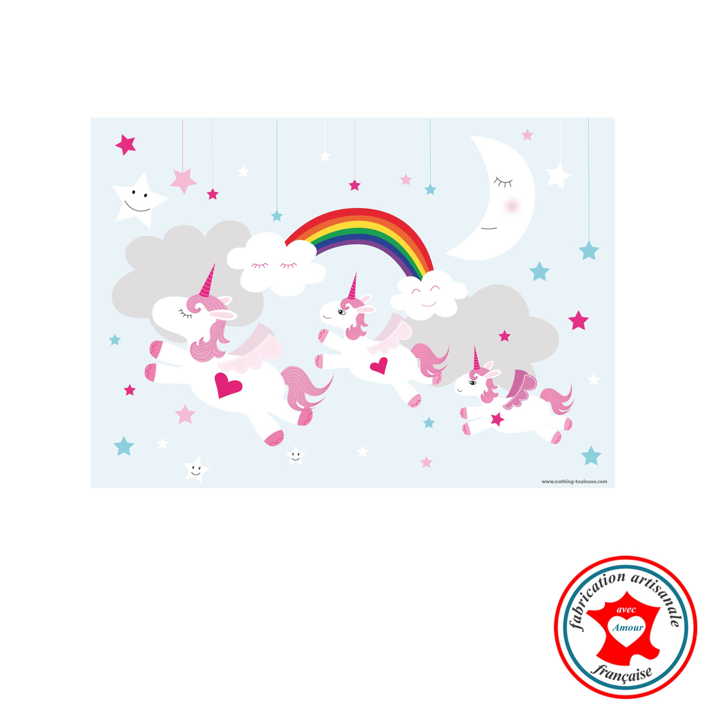 Set de Table Enfant, Thème Licornes, Tons Rose et Gris