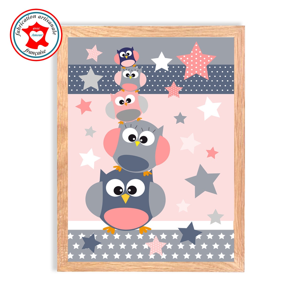 Tableau Enfant, Affiche Chambre Poster Fille, Tableau Mural Décoration Déco Hiboux Rose, Enfant