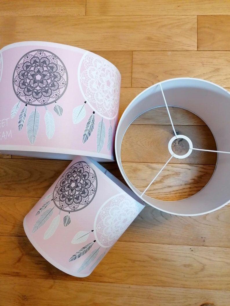 Children's lampshade, girls' bedroom pendant light, Dreamcatcher theme, pink and gray tones. image 4