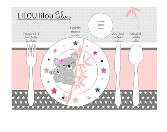 Educational placemat, children's table set, koala theme, pink and gray tones