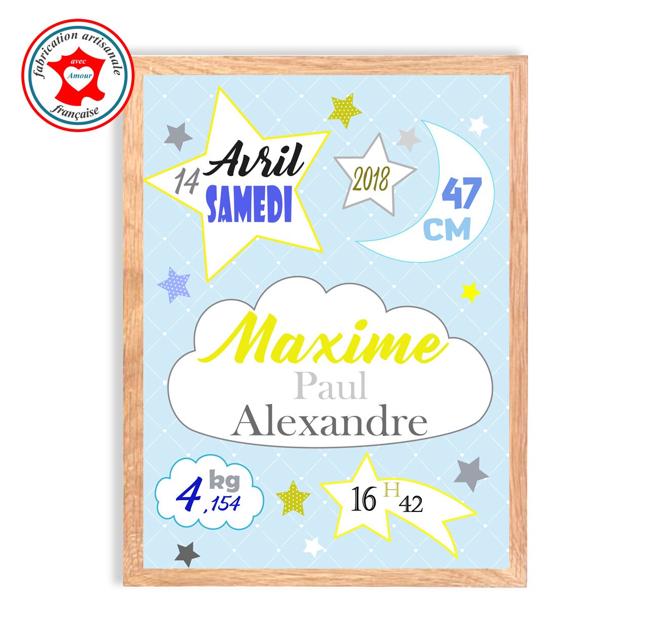 Tableau Naissance Garçon, Tableau à Personnaliser, Cadeau de Naissance, Décoration Chambre Garçon Bl