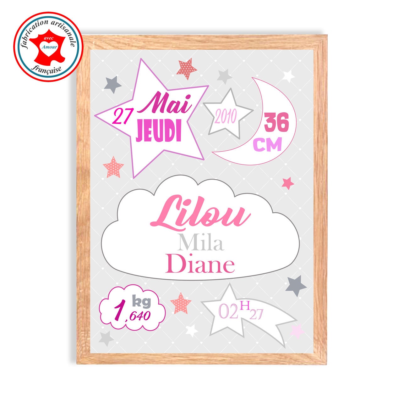 Tableau Naissance Fille, Tableau à Personnaliser, Cadeau de Naissance, Décoration Chambre Fille Rose