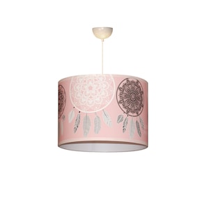 Children's lampshade, girls' bedroom pendant light, Dreamcatcher theme, pink and gray tones. image 1