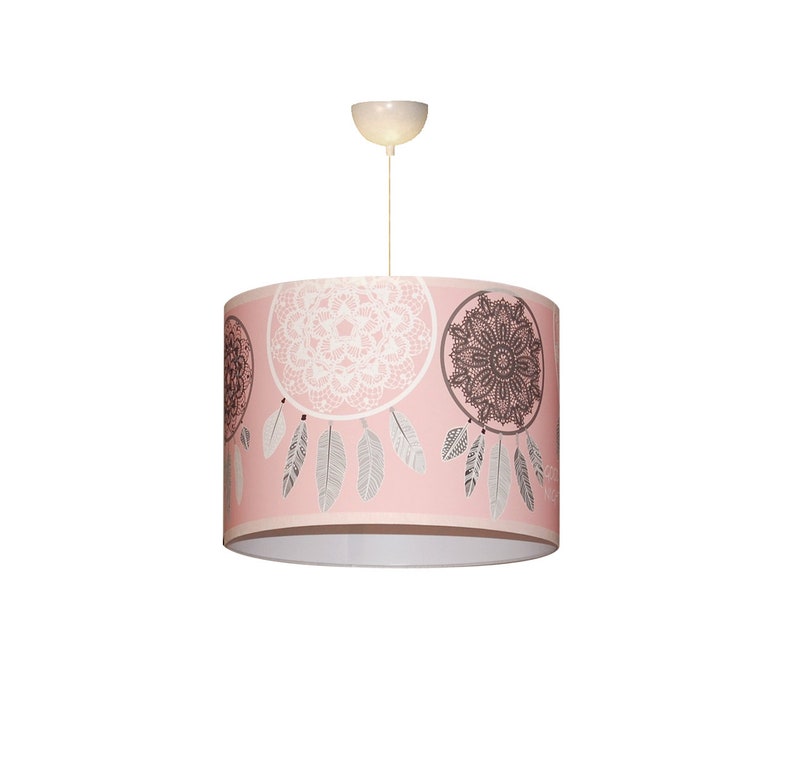 Children's lampshade, girls' bedroom pendant light, Dreamcatcher theme, pink and gray tones. image 1