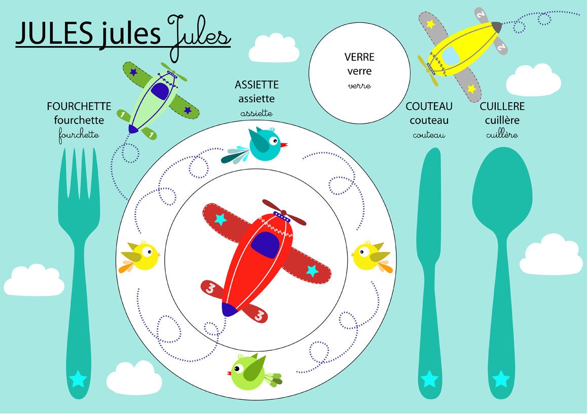 Set de Table Pédagogique, Set Enfant, Thème Avion, Tons Bleu, Rouge, Jaune