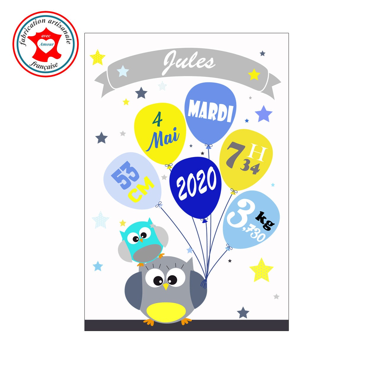 Tableau Naissance Garçon, Thème Hiboux, Tableau à Personnaliser, Cadeau de Naissance, Décoration Cha