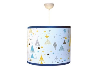 Abat-jour, suspension enfant "Dans mon tipi", suspension garçon, luminaire garçon, thème tipi, couleur jaune et bleu