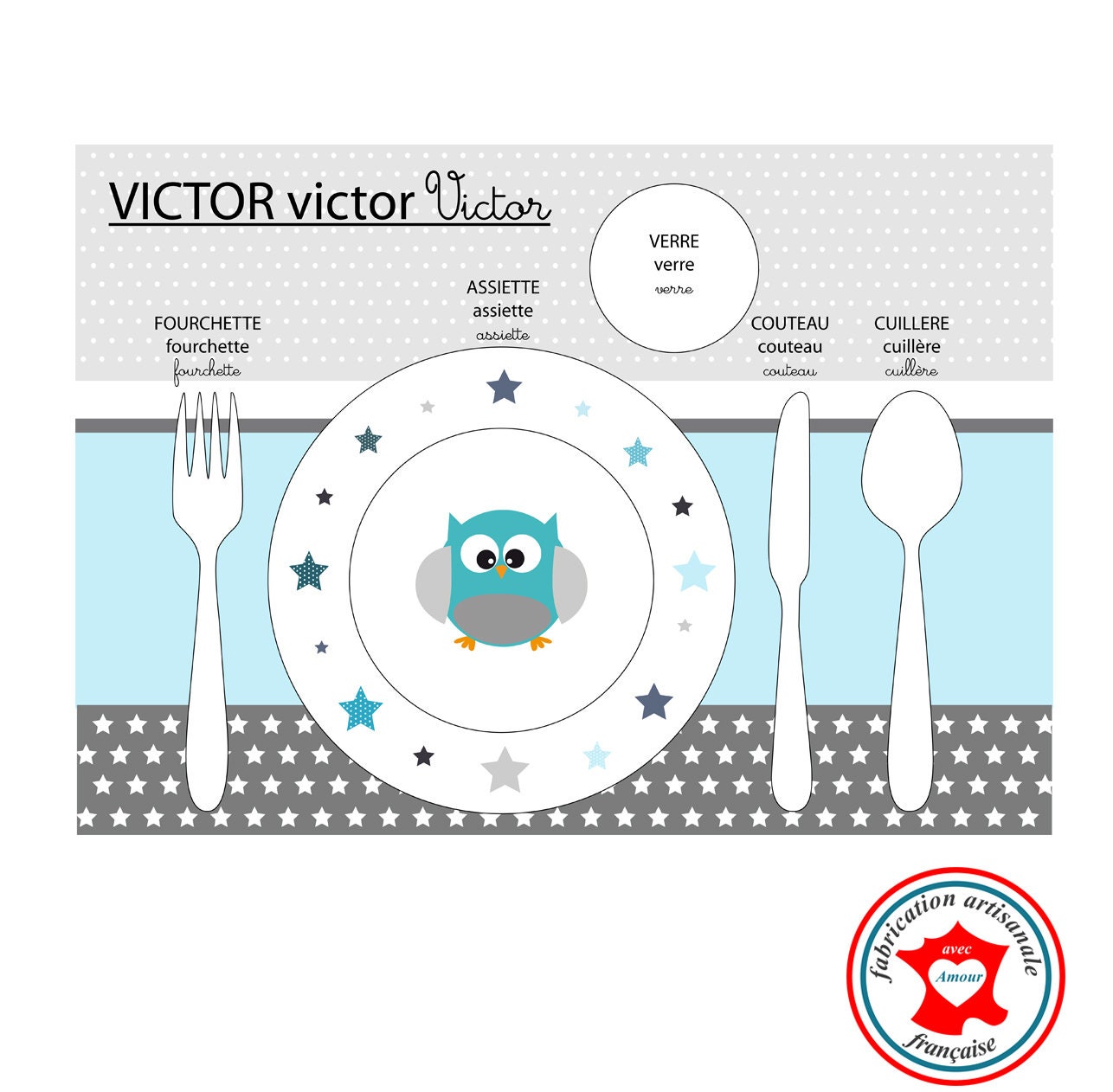 Set de Table Pédagogique, Set Enfant, Thème Hiboux, Tons Bleu et Gris