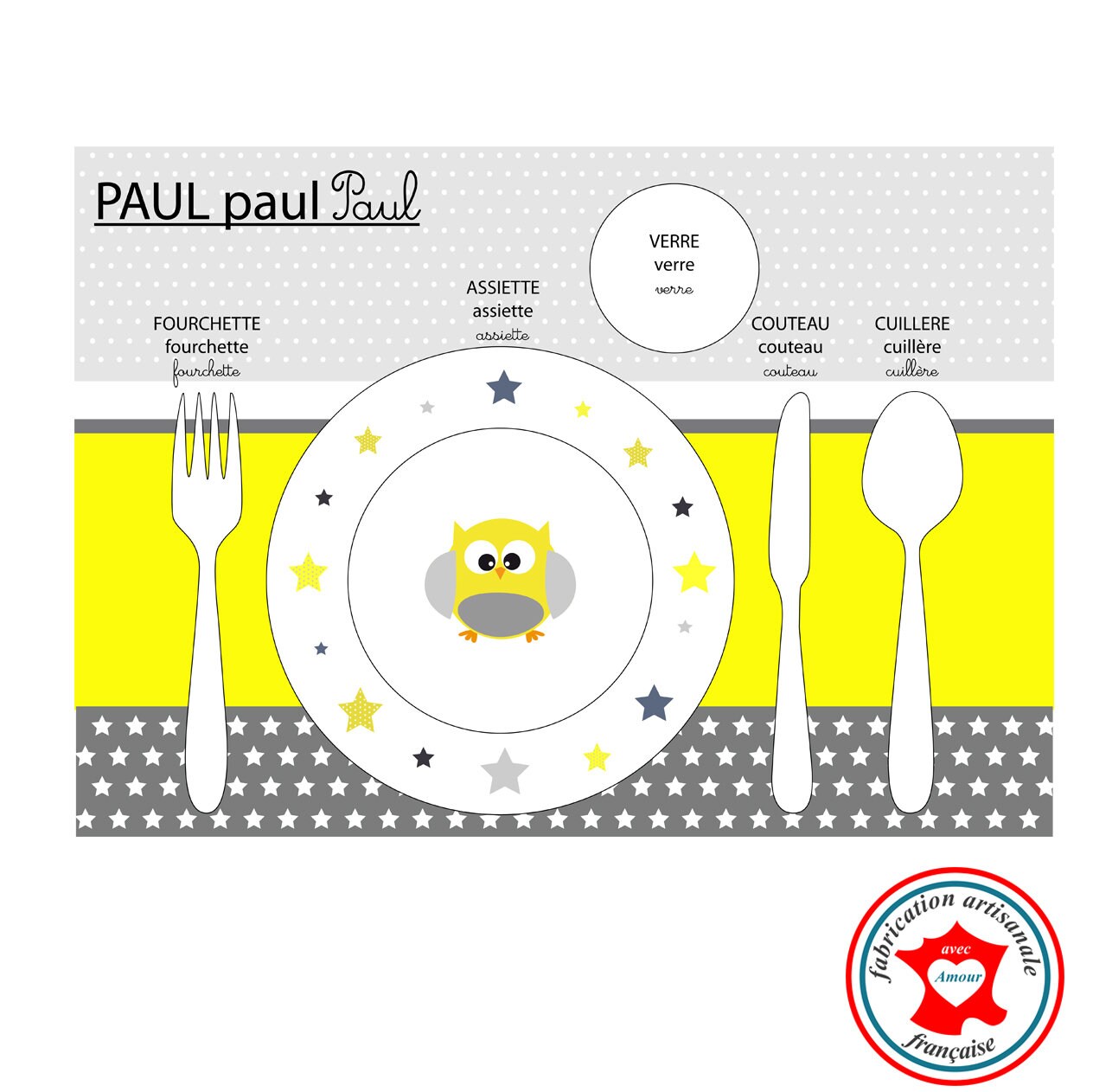 Set de Table Pédagogique, Set Enfant, Thème Hiboux, Tons Jaune et Gris