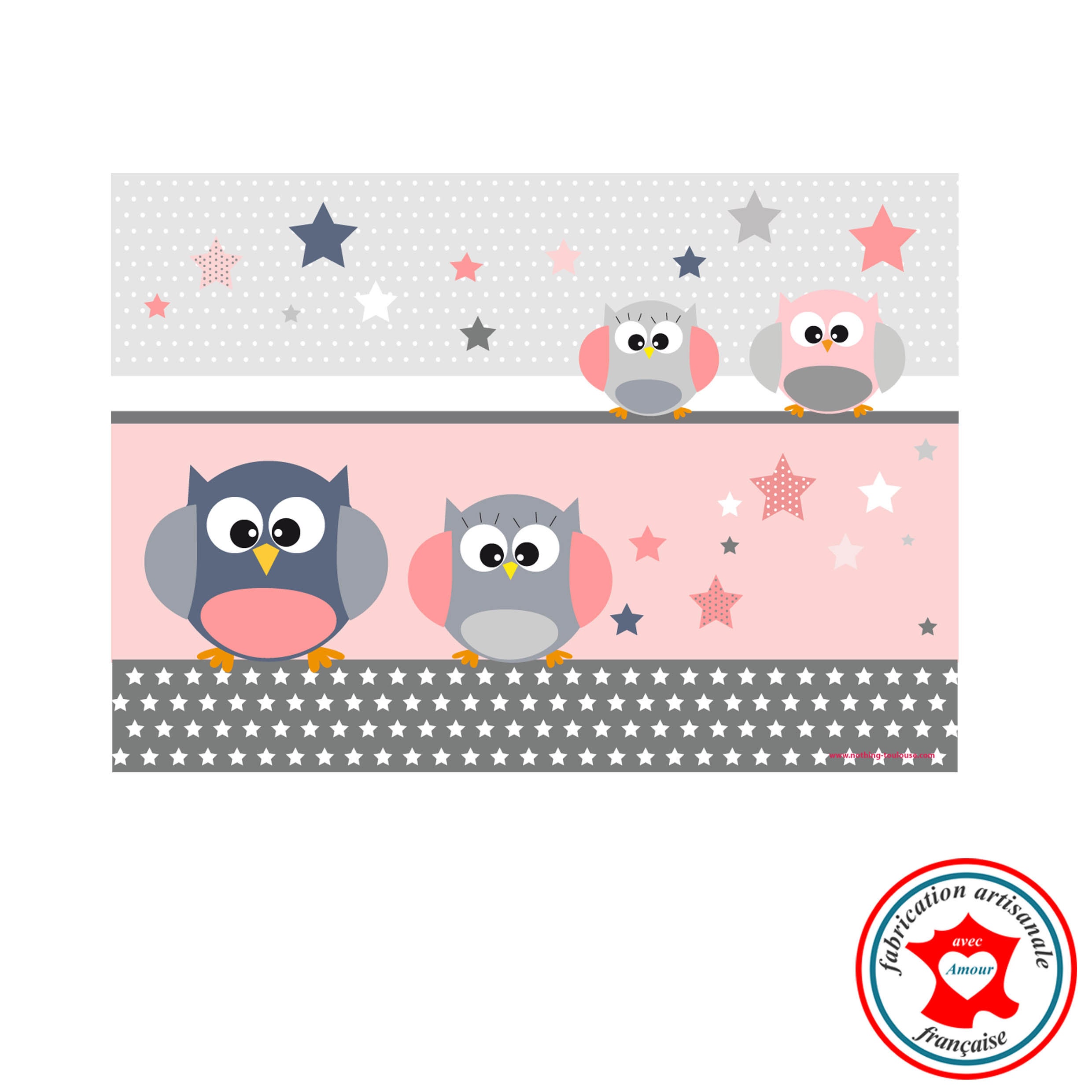 Set de Table Enfant, Thème La Famille Hiboux, Tons Rose et Gris