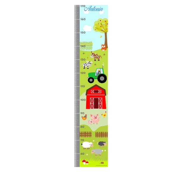 Toise personnalisable garçon, décoration murale pour chambre d'enfant, thème animaux de la ferme, tons vert.