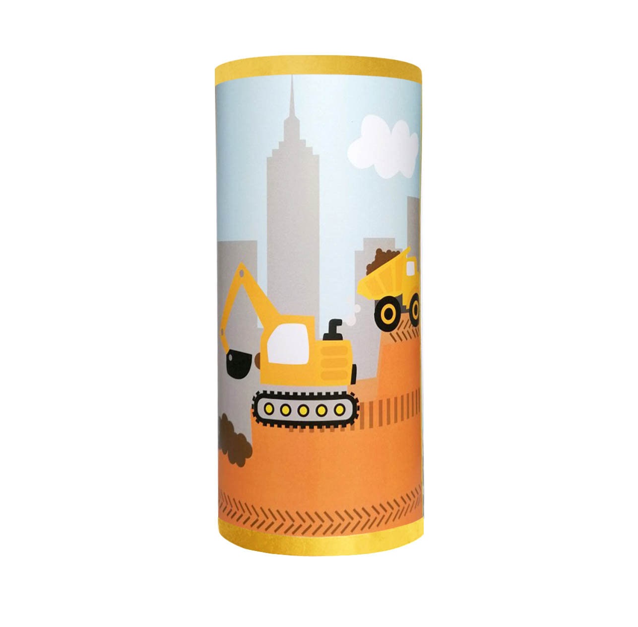 Lampe de Chevet Garçon, Motif Camions Chantier, Tons Jaune et Gris.