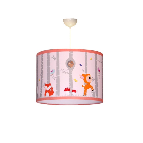 Suspension, girl lampshade, birch forest theme, pink and gray tones.