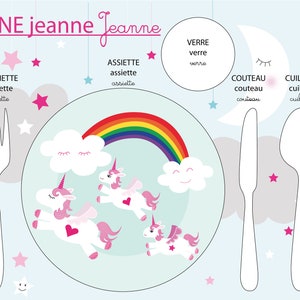 Educational placemat, children's placemat, unicorn theme, pink and gray tones image 1