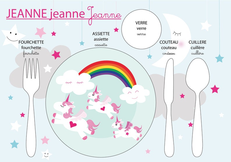 Educational placemat, children's placemat, unicorn theme, pink and gray tones image 1