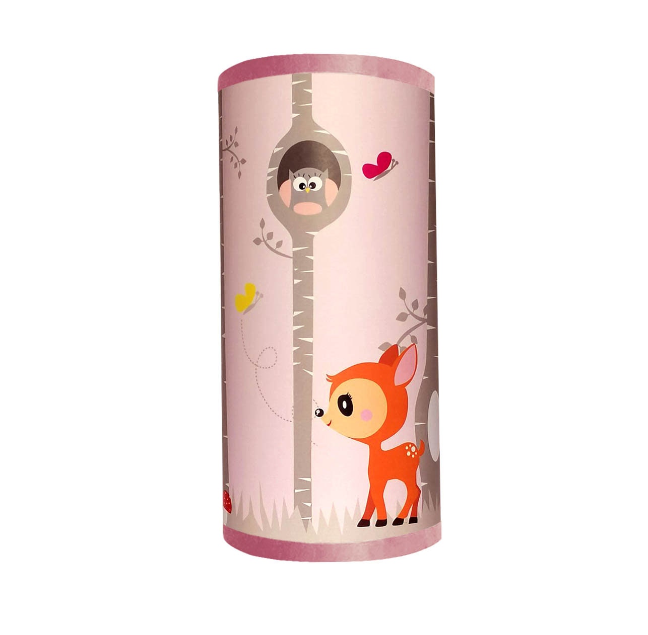 Lampe de Chevet Fille, Thème Forêt Bouleau, Faon, Écureuil, Tons Rose et Gris.