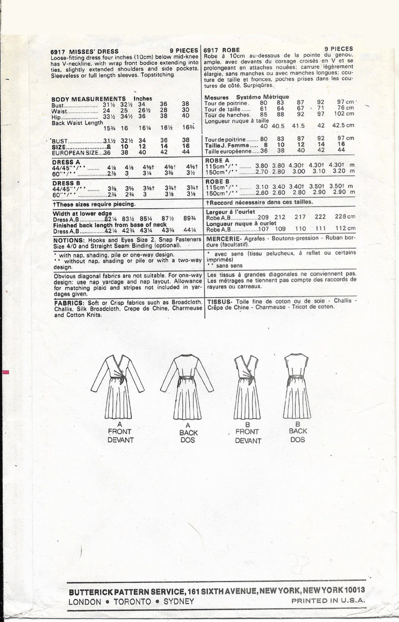 Butterick 6917 Sewing Pattern Size 10 Uncut Pattern Wrap-Bodice Dress with Flared Skirt image 2