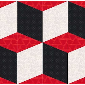 Puede incluir: Un patrón geométrico de cubos rojos, blancos y negros. Los cubos están dispuestos en un patrón repetitivo, creando una ilusión óptica.