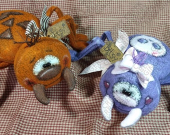 E-Pattern - Spooky Spinners Pattern #350 - Primitive Doll E-Pattern - Halloween - Spiders - Whimsical - Fiber Art - Advanced - English Only