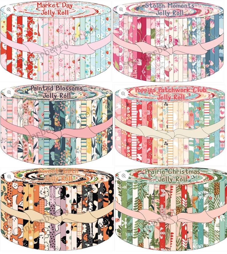 Puede incluir: Seis rollos de tela, cada uno envuelto con una cinta rosa. Los rollos est&aacute;n etiquetados como "Market Day", "Stolen Moments", "Painted Blossoms", "Poppies Patchwork Club", "Sweet Tooth" y "Prairie Christmas". Las tiras de tela presentan patrones florales y de temporada.