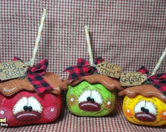 E-Pattern - Caramel Apple Gang Pattern #313 - Primitive Doll E-Pattern - Autumn - Caramel Apples - Red - Green - Golden - English Only