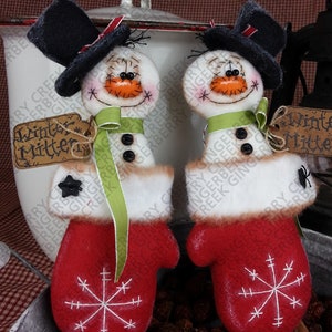 E-Pattern - Warm Winter Mittens Pattern #164 - Primitive Doll E-Pattern - Christmas - Snowman - Mitten - Ornament - English Only