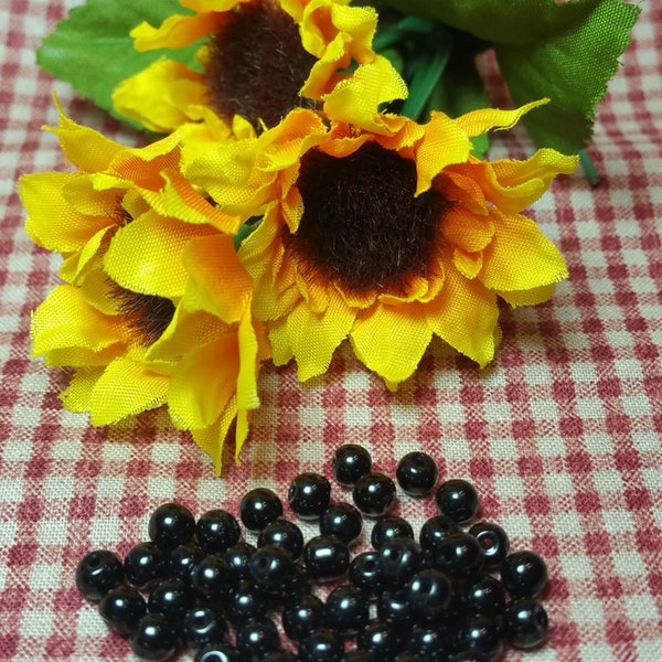 4mm Perles de verre rond noir - 50 perles par paquet - Yeux de poupée primitive