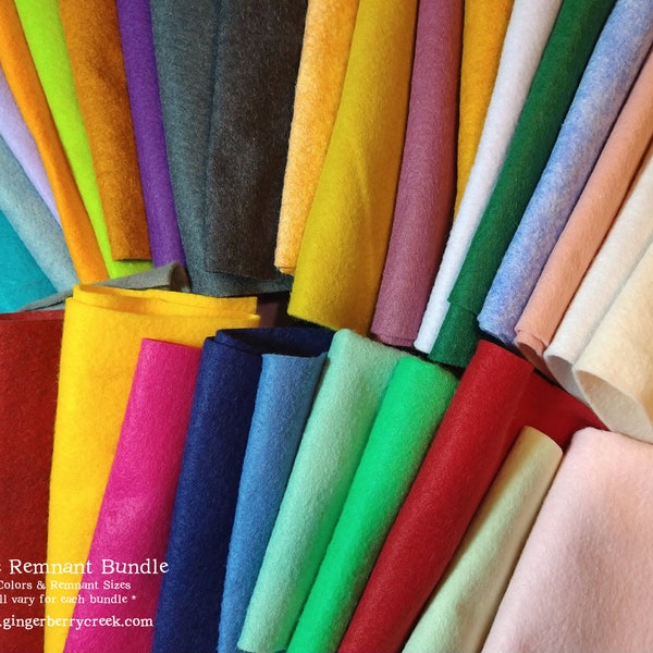 Large Wool Felt Remnant Bundle - 1 pound - Colors & Remnant Sizes will vary for each Bundle - Scrap Cuts and End Bolt pieces