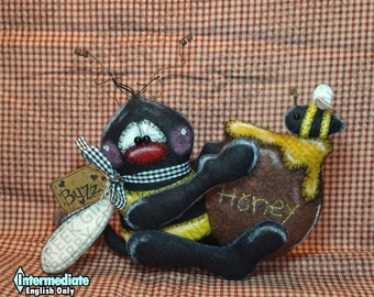 E-Pattern - Alles Schwirrt über Honig Muster #261 - Primitive Puppe E-Pattern - Sommer - Hummel - Honigtopf - Kantenhocker - Nur in Englisch