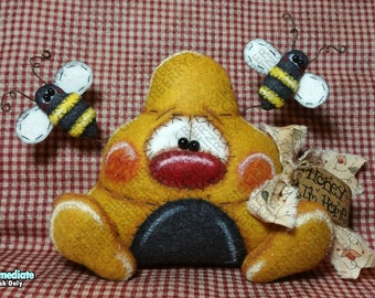 Honey I'm Home Pattern #221 - Primitive Doll Pattern - Beehive and Bees - Summer - Whimsical - Fiber Art - English Only