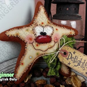 May include: A handcrafted star-shaped plush ornament with a smiling face, red nose, and stitched details. The ornament has a tag that says "Delightful". The star is decorated with colorful accents and is part of a beginner craft project.
