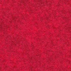 May include: A close-up of a vibrant red felt fabric. The texture is dense and slightly uneven, with a soft, fuzzy appearance. The color is a rich, solid red, filling the entire frame.