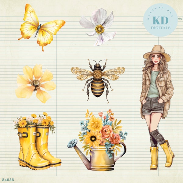 Digitale PNG Zomertijdmix 3 - Rubberlaarzen, bloemen, gieter, bijen, vlinders en zomermeisje
