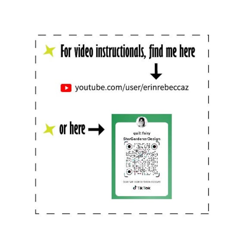 Puede incluir: Una tarjeta verde y blanca con un c&oacute;digo QR y el texto "quilt fairy StarGardener Design" y un logotipo de TikTok. La tarjeta tambi&eacute;n incluye un enlace a un canal de YouTube y una cuenta de TikTok.